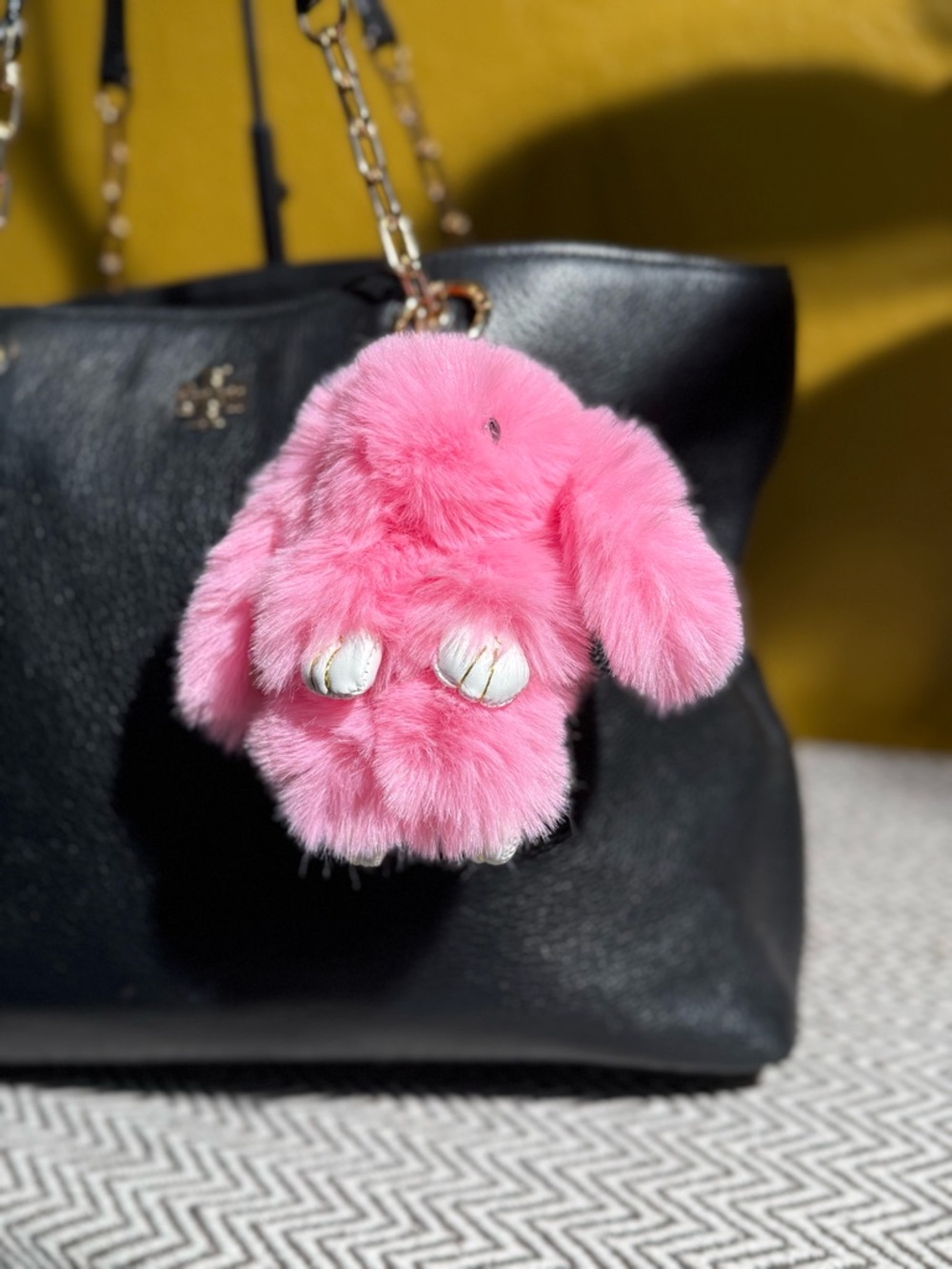Faux Fur Bunny Bag Charm | Bright Pink Shades & Gold Hardware - Choice of 1 - Picture 5 of 7